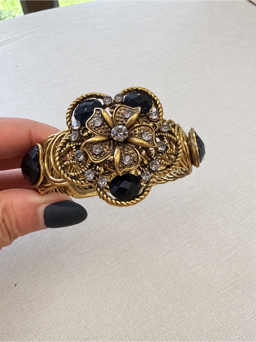 Antique Gold-Tone Black Stone & Rhinestone Floral Open Cuff Bracelet